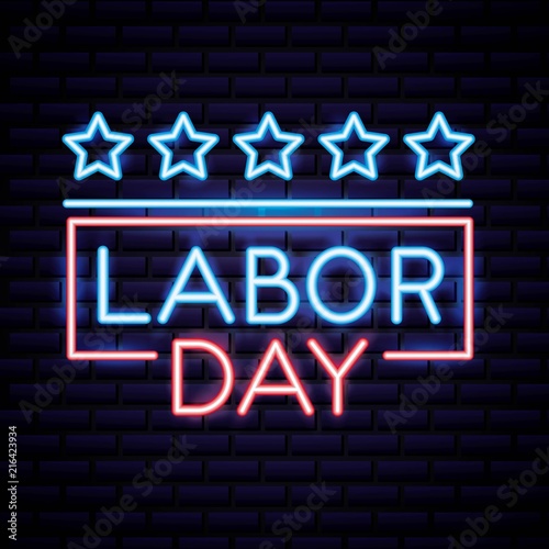 labor day stars label sign neon vector illustration