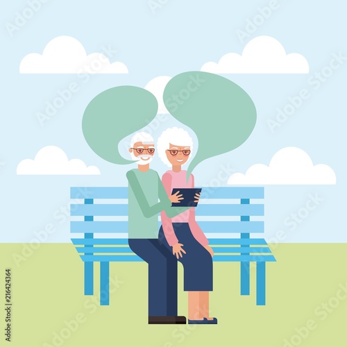 grandparents day cute older couple sitting looking tablet speaking vector illustration