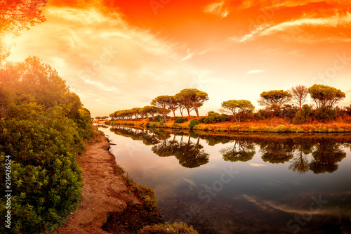 Overview at sunset of a stretch of the Petrosu pond, Orosei. Sardinia