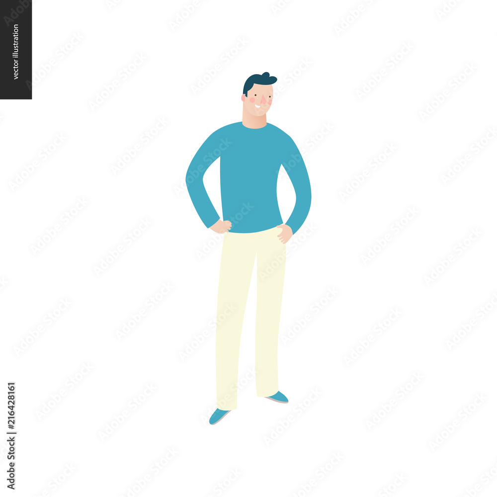 Bright people portraits - young man, hand drawn flat style vector doodle design illustration of a smiling young man standing with arms akimbo, concept illustration