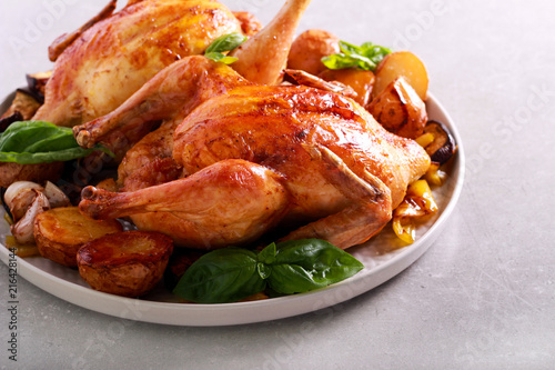 Roast chickens with roast vegetables