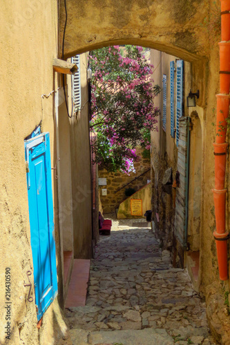 Picturesque small cobbled street in a mountain village of the Balagne region, Corsica, France