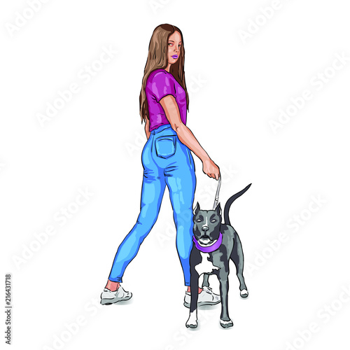 Staying girl with her dog isolated on white background.