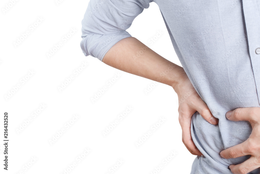 Person feeling a terrible stomach ache, isolated on white background