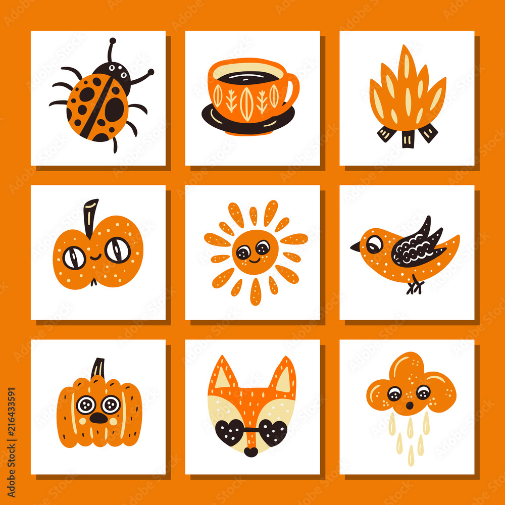 Autumn card set. Cute vector illustrations. Nursery creator