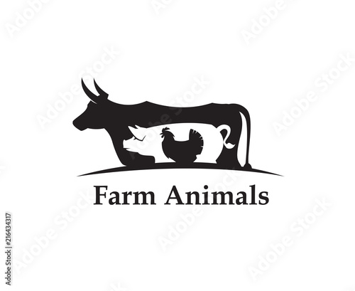 monochrome label of farm animals cow, pig and chicken