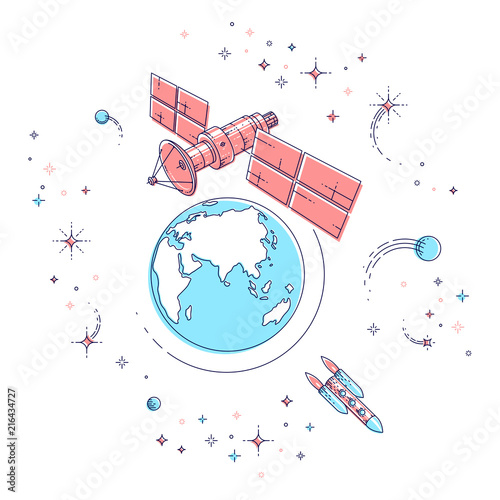Communication satellite flying orbital spaceflight around earth, spacecraft space station with solar panels and satellite antenna plate, with rockets, stars and other elements. Vector.