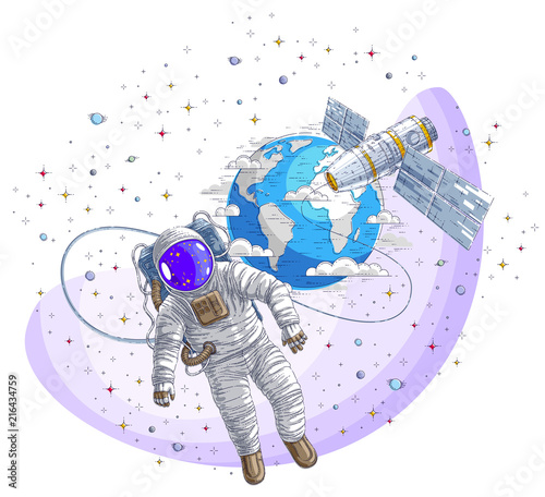Astronaut went out into open space connected to space station and earth planet in background, spaceman floating in weightlessness and iss spacecraft, stars and other elements. Vector isolated.