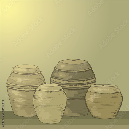 
Storage of kimchi and sauces in South Korea. Traditional Korean barrels. Clay pots for storage. Culture of South Korea.Korean antique dishes.
