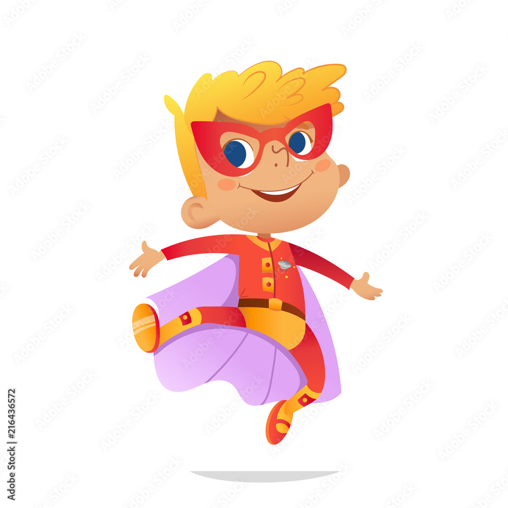 Dancing Boy wearing colorful costume of superheroe, isolated on white  background. Cartoon vector characters of Kid Superheroes, for party,  invitations, web, mascot Stock Vector | Adobe Stock