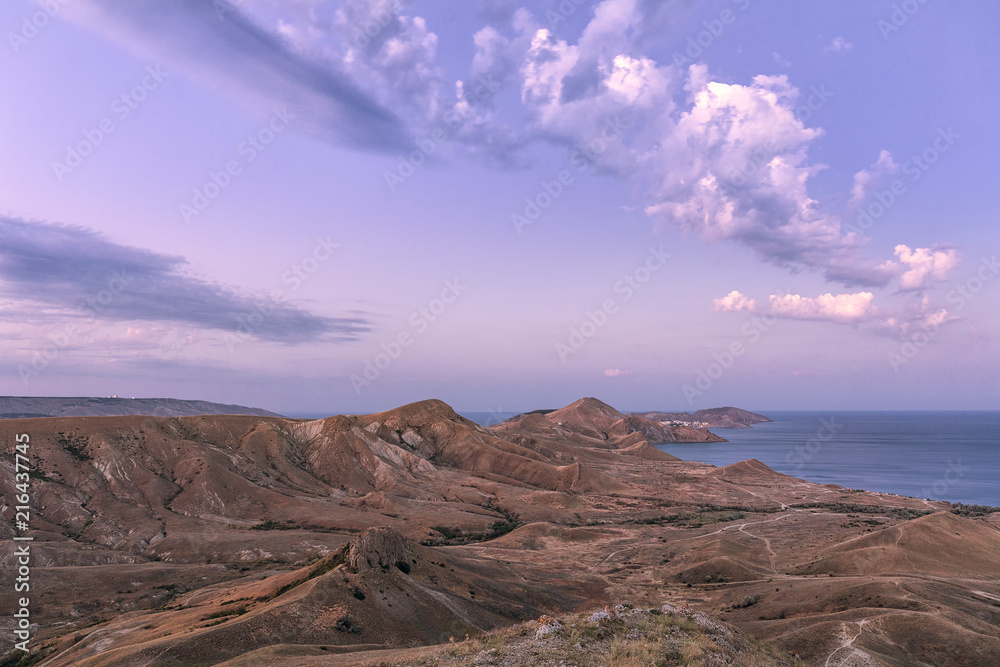 Fototapeta premium Silent Bay. The blue hour. Time after sunset. Koktebel. Black Sea. Crimea. Eastern Europe. Soft light