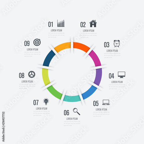 Infographics template 9 options with circle