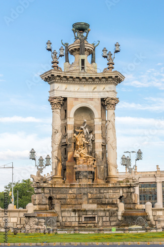 The monumental fountain in the Placa Espanya in Barcelona, Spain.