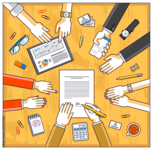 Business team make a presentation for investor and explains their plan with analytics, loaner or CEO chief signs financial document or order approve, deal conclusion. Top view of people hands. Vector.