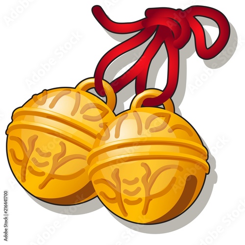 Golden jingle bells with a bee pattern isolated on white background. Vector cartoon close-up illustration.