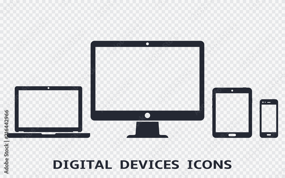Device icons set: smartphone, tablet, laptop and desktop computer. Vector  illustration of responsive web design. Stock-Vektorgrafik | Adobe Stock