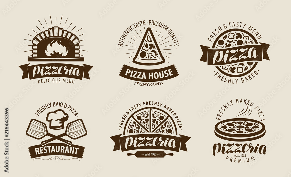 Pizza, pizzeria logo or label. Food symbol set. Vector illustration