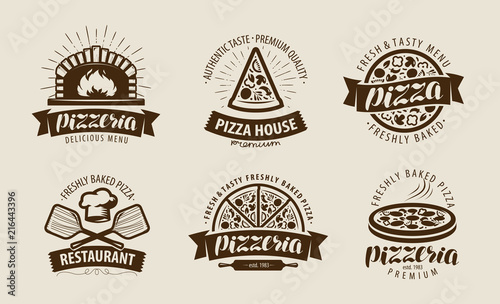 Pizza, pizzeria logo or label. Food symbol set. Vector illustration photo
