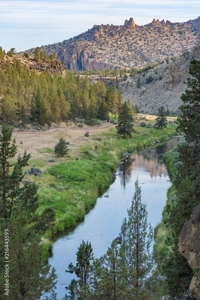 River and green shores around Smith Rock canyon State Park in Oregon, USA
