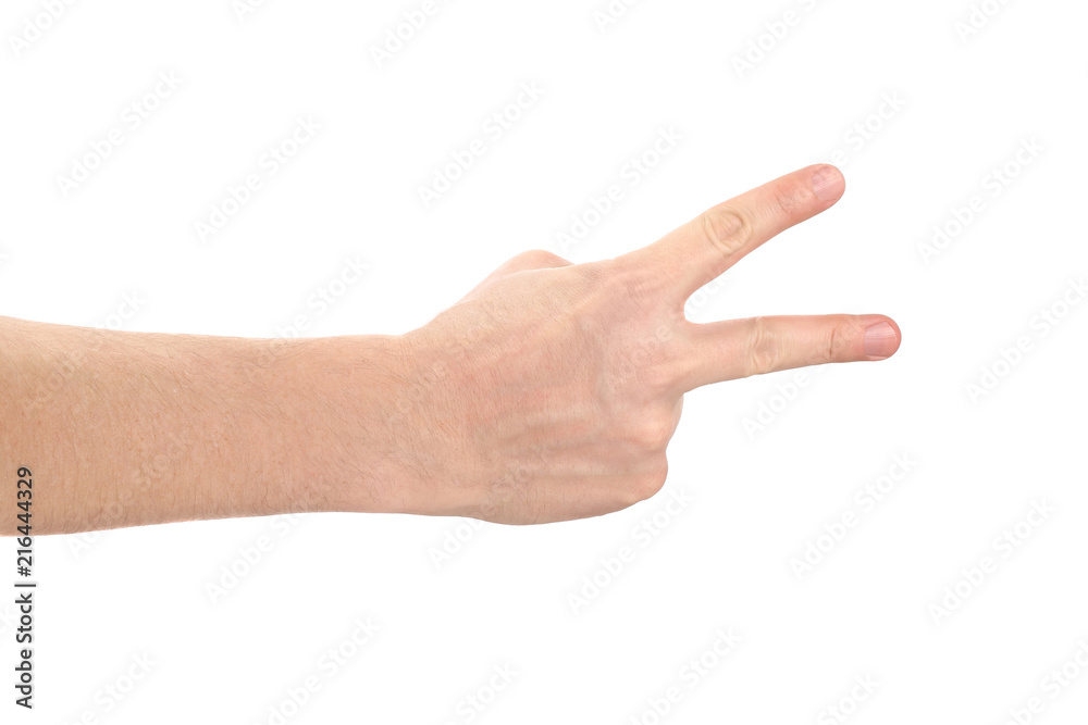 Hand showing two fingers, isolated on white background Hand showing two fingers, isolated on white background