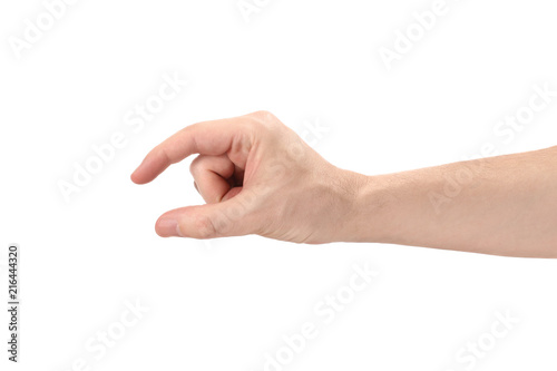 Hand holding something small, isolated on white background