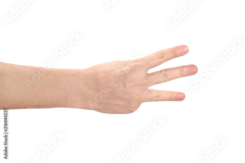 Hand showing three fingers, isolated on white background