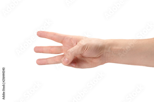 Hand showing three fingers, isolated on white background