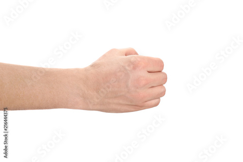 Male hand, holding something, isolated on white background