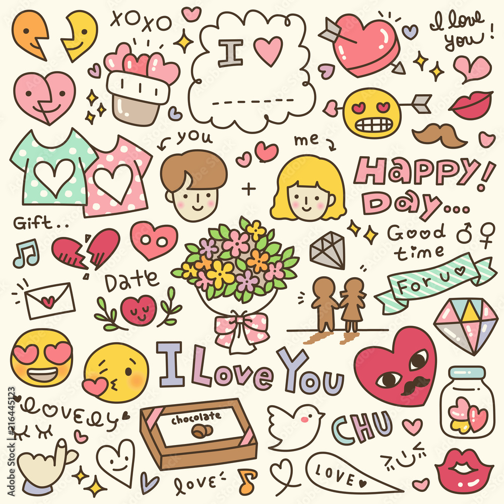 Set of Cute Valentine's Day Doodle. Hand Drawn. Vector Illustration.