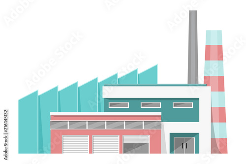 Factory modern building with workshops and chimneys. Flat style vector illustration