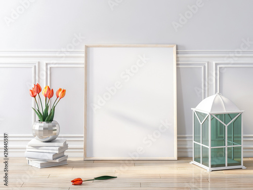 Poster frame mockup in modern interior3d rendering photo