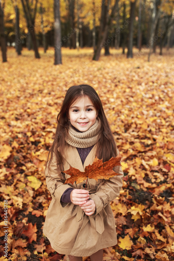 Six year old pretty girl with large maple leaf In autumn park Six year old pretty girl with large maple leaf In autumn park