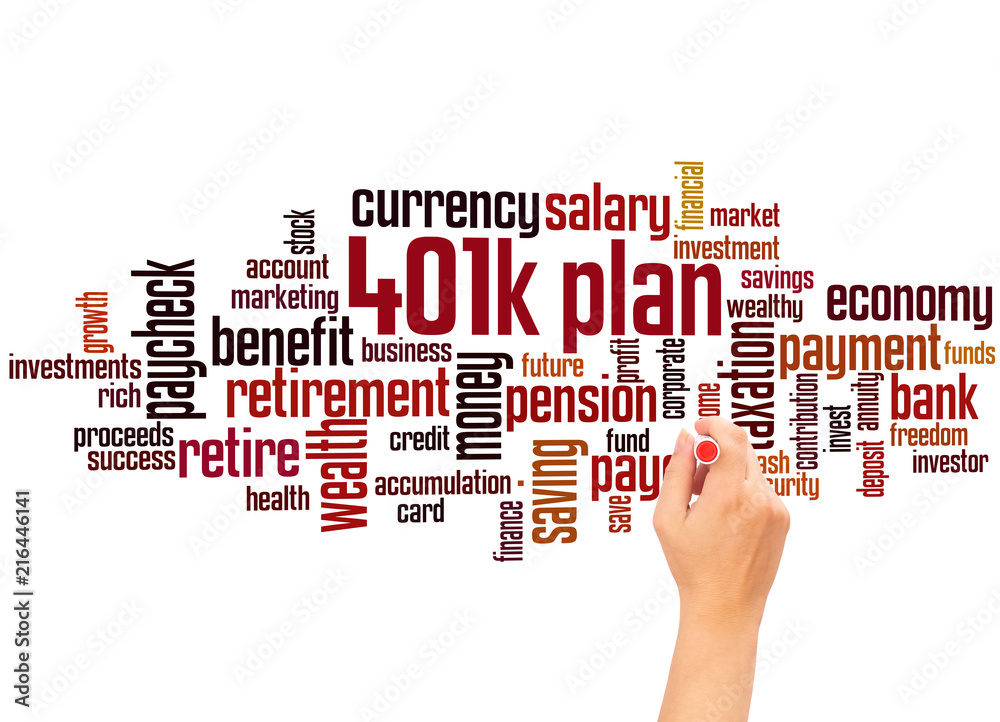 401k plan word cloud and hand writing concept