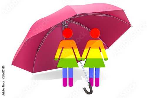 Lesbian Family under umbrella. Safety and secure concept. 3D rendering © alexlmx