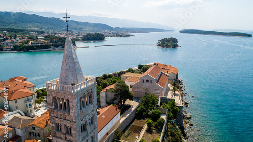 Rab is a Croatian island in the Adriatic Sea, old town encircled by ancient walls. The town’s 4 prominent church bell towers include the Romanesque tower at the Cathedral Svete Marije (St. Mary)