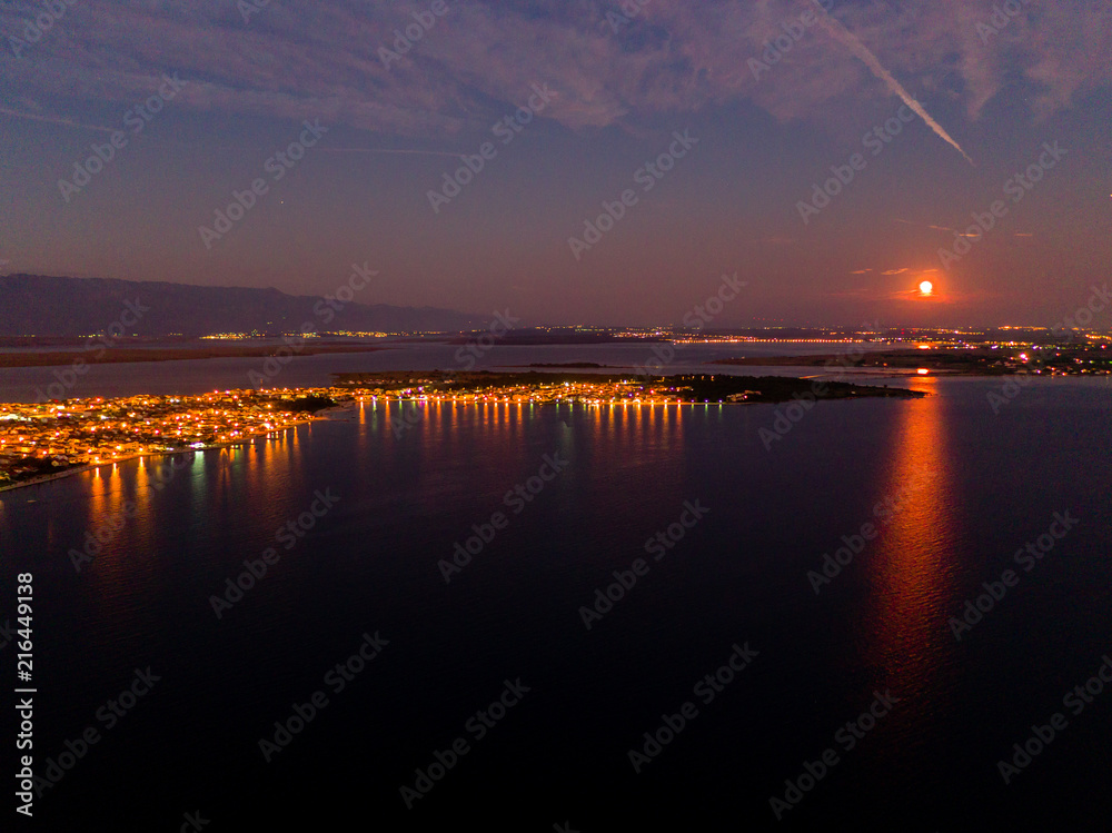 Aerial photo of Island Vir centre during sunset, Zadar county, Croatia