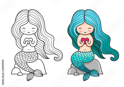 Siren with heart, sitting on a rock. Cute cartoon mermaid. Vector colored illustration for print, card, poster, t-shirt, coloring books, tattoo.
