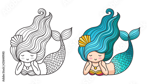 Lying dreamy mermaid. Cute cartoon character. Vector colored illustration for print, card, poster, t-shirt, coloring books, tattoo