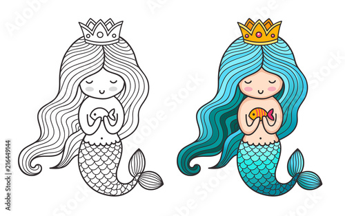 Princess mermaid. Cute cartoon character. Vector colored illustration for print, card, poster, t-shirt, coloring books, tattoo