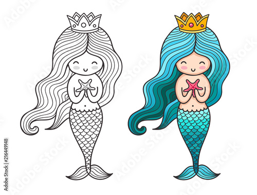Little queen mermaid with starfish. Cute cartoon character. Vector colored illustration for print, card, poster, t-shirt, coloring books, tattoo.