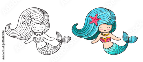 Mermaid. Cute cartoon character. Vector colored illustration for print, card, poster, t-shirt, coloring books and tattoo