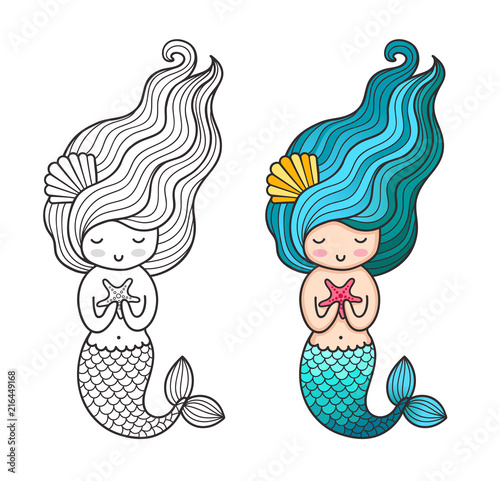 Mermaid with starfish. Cute cartoon character. Vector colored illustration for print, card, poster, t-shirt, coloring books, tattoo