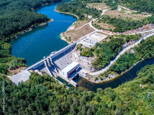 Aerial view of hydro power plant Lesce on river Dobra in Karlovac county, Croatia