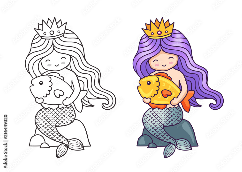Little mermaid, sitting on a rock, holding big golden fish. Cartoon characters. Vector illustration for coloring book, print, card, postcard, poster, t-shirt, patch and tattoo Little mermaid, sitting on a rock, holding big golden fish. Cartoon characters. Vector illustration for coloring book, print, card, postcard, poster, t-shirt, patch and tattoo