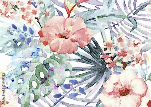 Obraz Egzotyczne liście i kwiaty akwarela bacground