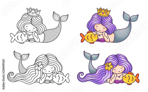 Collection of little dreamy lying mermaid, stroking golden fish. Cartoon characters. Vector illustration for coloring book, print, card, postcard, poster, t-shirt, patch and tattoo
