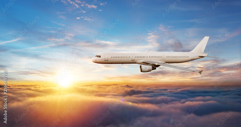 Obraz premium Szczegóły komercyjnego samolotu lecącego nad chmurami