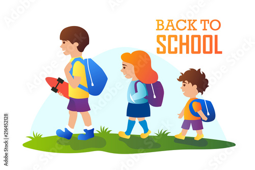 children go to school with backpacks. back to school. vector cartoon illustration.