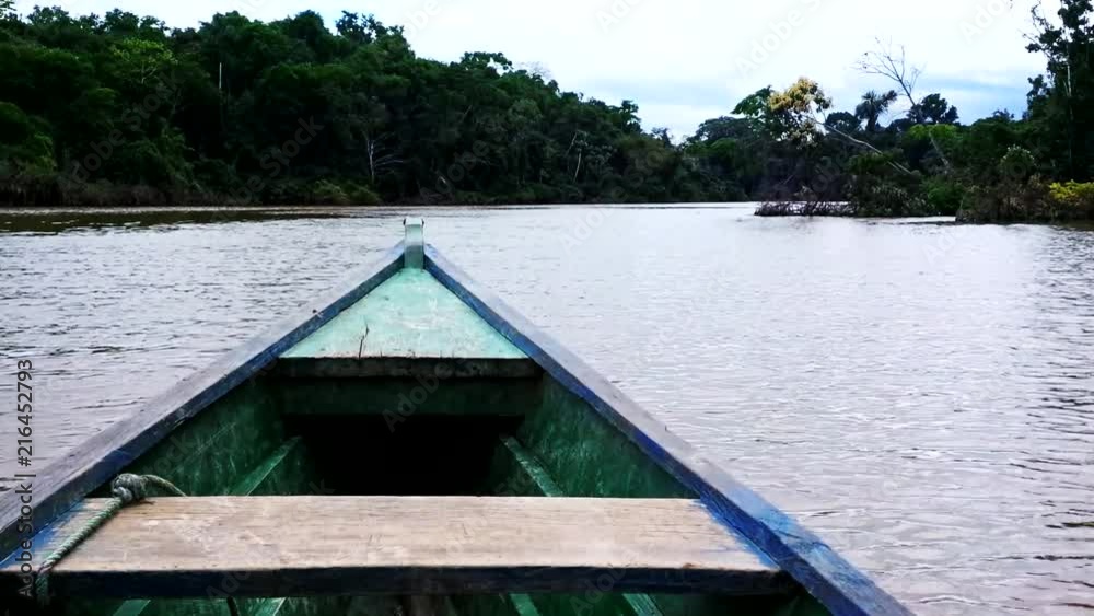 canoeing on a murky river of a tropical rainforest