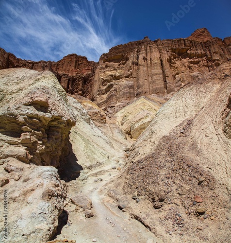 Stunning canyon colors against a blue sky along the Golden Canyon Trail in Death Valley National Park
